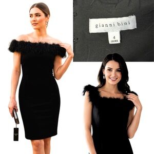 Gianni Bini Holiday Party Dress Cocktail Elegant Black Feather Trim Size 4